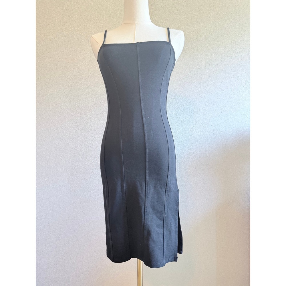 Elegant Black Minimalist Midi Dress Square Neck 90s Y2K Bodycon Side Slit‎ Small